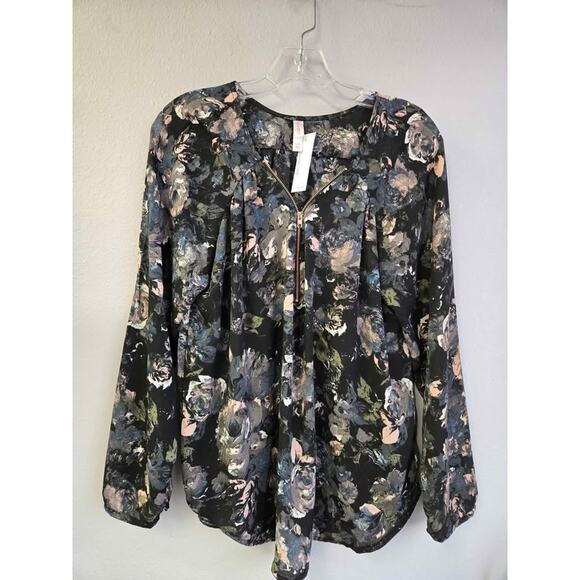 Xhilaration Large Floral Blouse Top Dark Black Chiffon Long Sleeve Zip Front - Picture 1 of 4